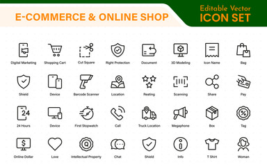 Wall Mural - E-Commerce set of web icons in line style. Online shopping icons for web and mobile app. Business, mobile shop, digital marketing, bank card, gifts, sale, delivery. Vector illustration