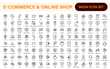 Wall Mural - E-Commerce set of web icons in line style. Online shopping icons for web and mobile app. Business, mobile shop, digital marketing, bank card, gifts, sale, delivery. Vector illustration