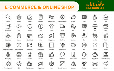 Wall Mural - E-Commerce set of web icons in line style. Online shopping icons for web and mobile app. Business, mobile shop, digital marketing, bank card, gifts, sale, delivery. Vector illustration
