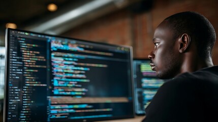 A focused developer working at a modern desk with a blurred bookshelf background in soft window light.