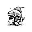 © Gunawan - Black and white cartoon illustration of a funny monster fish creature, cute animal artwork with sharp teeth