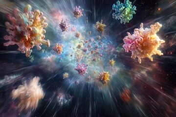 Wall Mural - exploring vibrant cosmic cloud formations in a space tunnel at high velocity, a flyby in space tunne