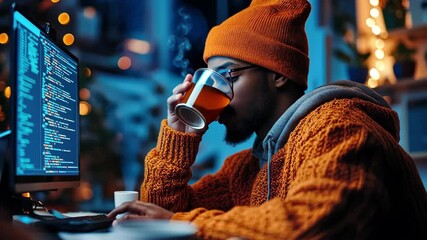 Man with a warm drink working late on computer coding project.