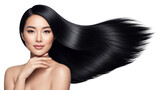 Beautiful young Asian woman with long sleek black hair flowing.