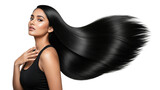 Beautiful woman with long black silky hair flowing to the side