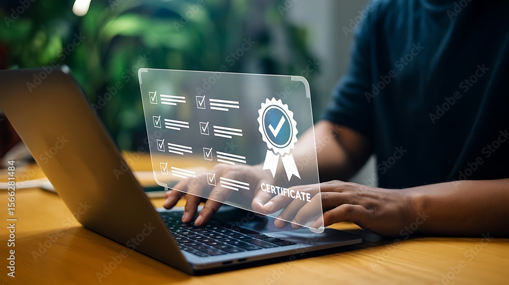Person using laptop with digital certificate verification computer ...