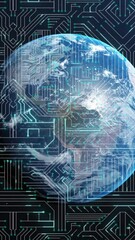 Wall Mural - animation of network of computer circuit board with light trails flowing over globe