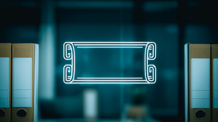 Wall Mural - digital blueprint on workspace: a striking neon blueprint icon hovers above an organized workspace, 