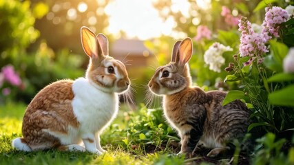 Wall Mural - Two rabbits face each other in a lush green garden with sunlight streaming through trees and colorful flowers in the background.