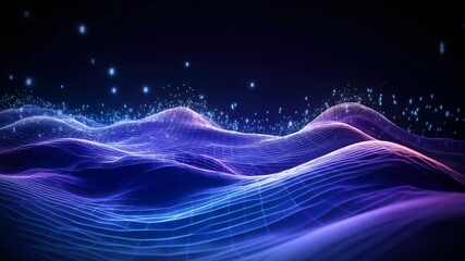 Poster - futuristic flowing digital waves with sparkling light particles on a deep blue background, 3d graphi
