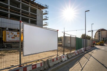 blank white banner on construction fence under sunny sky. perfect for commercial branding, advertise