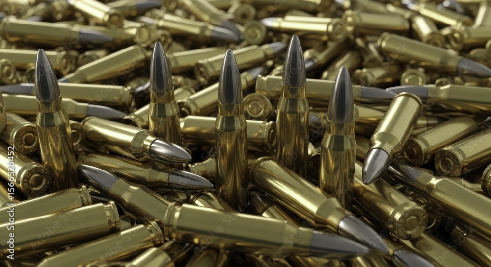 Pile of 7.62 NATO rifle ammunition cartridges with golden brass casings ...