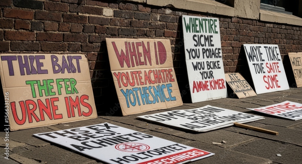 Propped Against Examples Several protest signs are propped against a brick wall, displaying ...