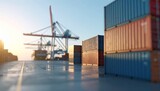 Shipping containers stacked at busy seaport terminal with cranes loading cargo