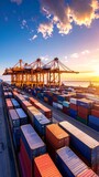 Shipping containers stacked at busy seaport terminal with cranes loading cargo