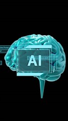 Wall Mural - animation of human brain and ai data processing over black background