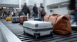 © The Little Hut - Modern airport baggage claim with rolling suitcase luggage brown leather bag and travelers waiting for luggage carousel