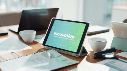 Wall Mural - tablet, business and screen in office with documents or innovation in empty company workplace. digit