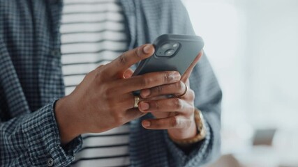 Hands, man and typing with phone in office for research, news editor and feedback of source contact. Journalist, mobile or review for fact check, communication and proofreading article of publication