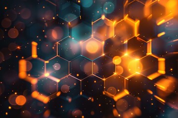 Wall Mural - abstract background with glowing hexagons forming a futuristic grid, illuminated by orange and teal 