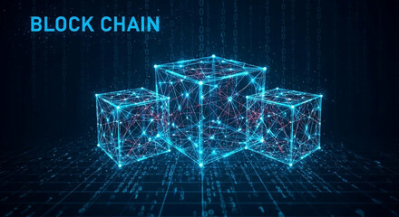 abstract glowing cubes represent blockchain technology with binary code overlay