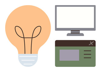 Lightbulb wearing a mask symbolizes innovation, screen represents technology, and website window highlights creativity. Ideal for innovation, technology, online learning, creativity, communication