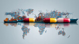 Conceptual image depicting global pharmaceutical logistics with large capsules in front of world map made of shipping containers and cargo ships, symbolizing supply chain resilience