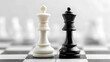 © Rina Mskaya - Chess pieces, black king and white king, stand on a checkered board, symbolizing strategy, competition, and the essence of the game. Selective focus