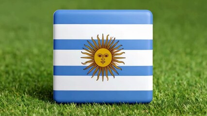 Striped cube with a sun face icon on green grass backdrop, graphic design, cultural object on lawn, conceptual render, blue and white pattern