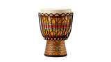 Handcrafted African djembe drum with vibrant colorful patterns and a goatskin head stands against  isolated on transparent background