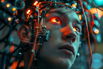 Futuristic brain computer interface being worn by man with glowing eyes in cyberpunk style