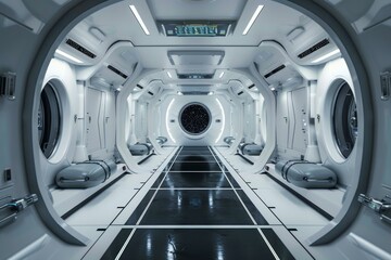 Wall Mural - white spaceship interior corridor showing round portholes, glossy black floor and starry space view