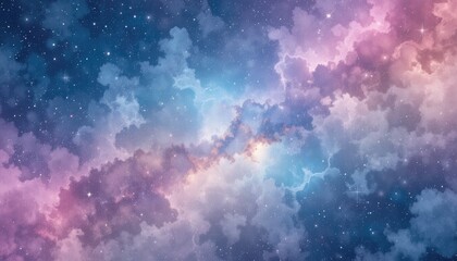 Vibrant cosmic nebula with swirling clouds and twinkling stars in pink and blue hues
