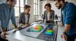 © dwphtra - Group of professionals using interactive screens and colorful data visualization in a team strategy meeting.