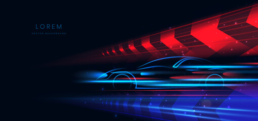 Canvas Print - futuristic glowing neon blue and red ray. sport car on hi-speed motion moving concept on dark blue b