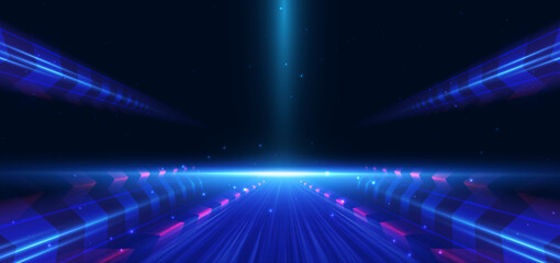 Canvas Print - abstract scene elegant blue arrow light lines on dark background with lighting effect and sparkle.