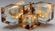 © AN STOCK - Polished glass sculpture with embedded golden details arranged in balanced cubic layers