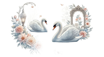 Naklejka na meble Elegant swans in a tranquil setting surrounded by floral decorations, beauty and romance concept