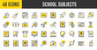 © Picvault - 40 School Subjects icons. such as Performing, Politics, Keyboard, Biology, Psychology, Coding, Astronomy, Mathematics, History, Canvas, Geography vector stroke illustration.