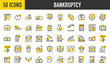 © Picvault - 50 Bankruptcy icons. such as Cut Card, Financial Crime, Seizure, Shop, Broken Bank, Unaffordable House, Money Waste, Sink, Calculator, House For Sale, Bankruptcy vector stroke illustration.