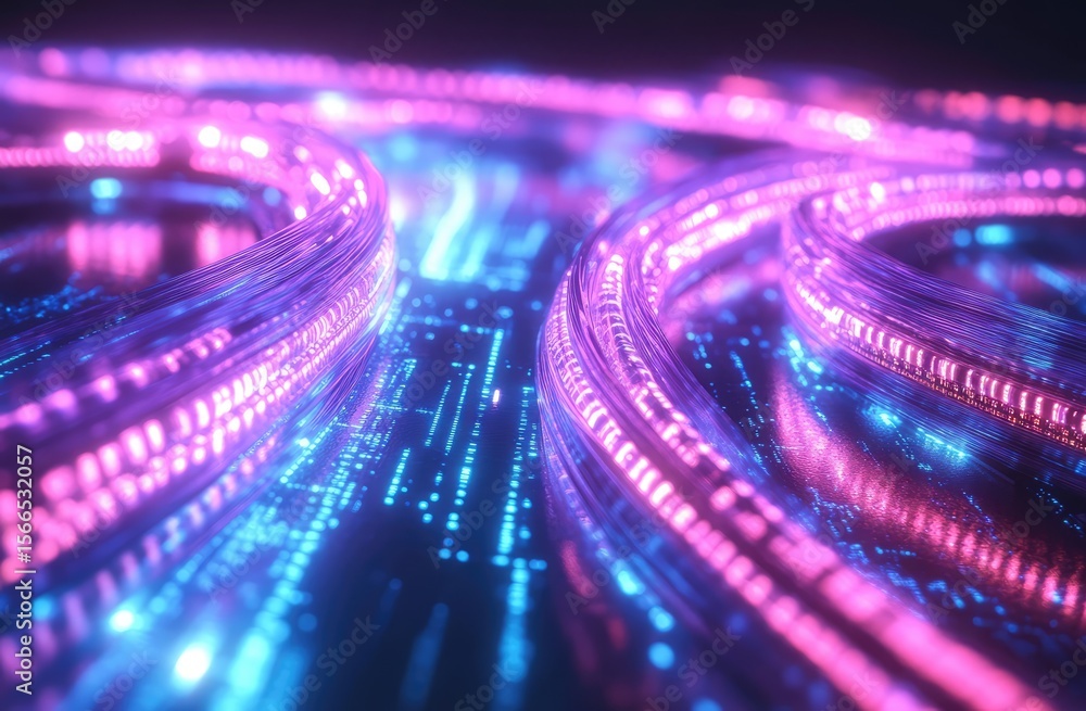 Fiber optic cables glowing with neon lights in a data center, creating ...