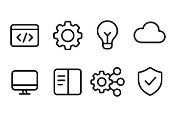 Technology and innovation icons: coding, cloud, and data security concepts, vector illustration