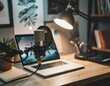 © aziz - Home studio podcast interior. Microphone, laptop and on air lamp on the table, close-up