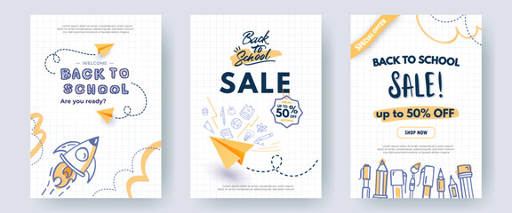 set of back to school sale banners, backgrounds. creative posters with hand drawn illustrations, pap