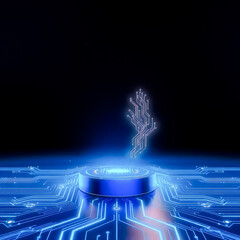 Futuristic glowing blue circuit board with a digital tree structure emerging from a platform