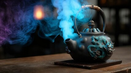 Wall Mural - decorative dragon pattern teapot made of black metal with blue accents with blue smoke coming out st