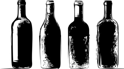 Wall Mural - silhouette of four wine bottles in black and white artistic illustration