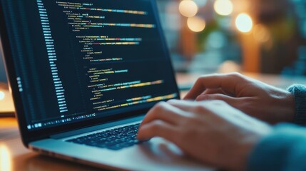 A person typing code on a laptop with a blurred background and warm lighting, focusing on software development.