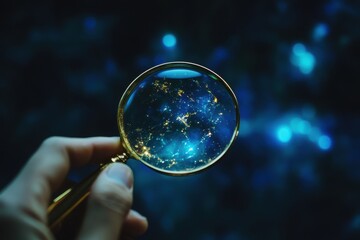 Wall Mural - a hand holding a magnifying glass over a blue sky. hand holding magnifying glass searching looking f