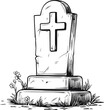 © cac_tus - Monochrome drawing of a gravestone with cross and flowers, line illustration